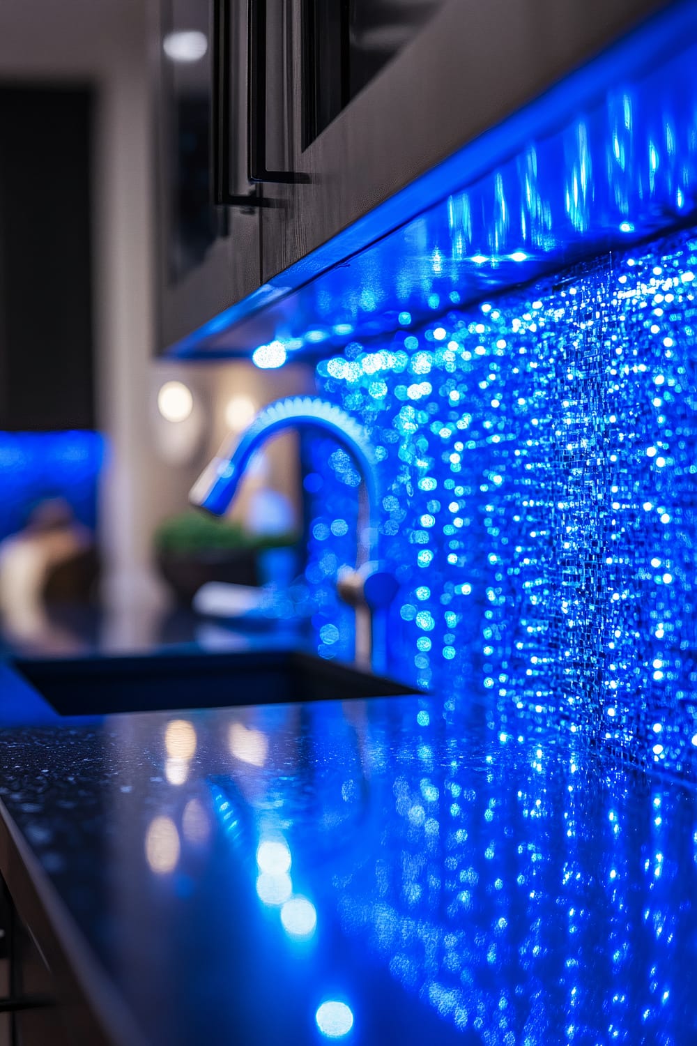 A close-up view of electric blue LED Christmas lights elegantly draped over a sleek black kitchen backsplash, creating vibrant patterns and reflections across the glossy surface. The blurred background includes a modern faucet and part of the kitchen workspace.