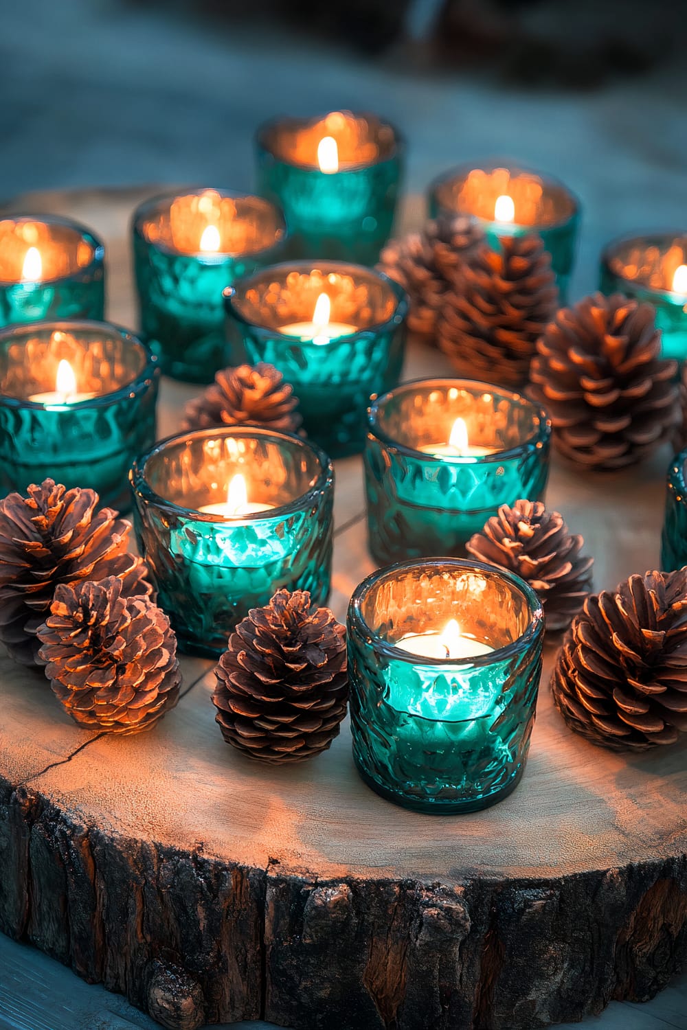 Burnt sienna pinecones scattered around teal glass candle holders on a rustic wooden base, illuminated by warm candlelight.