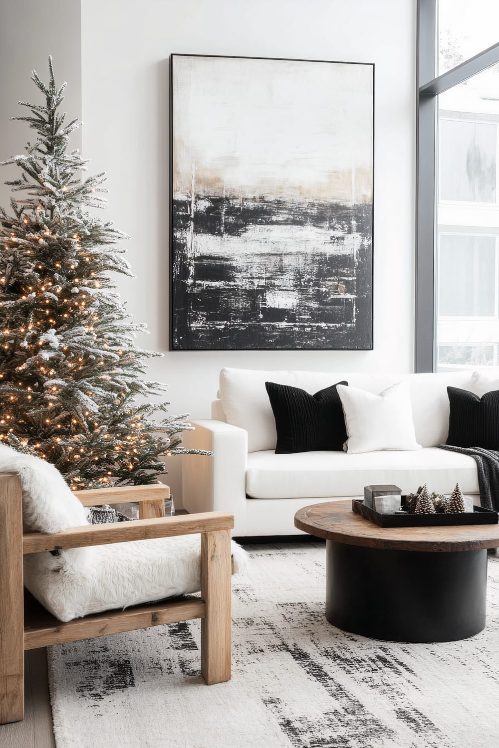 The image showcases a modern living room with a festive touch. Prominently featuring a frosted, lit Christmas tree adorned with warm golden lights. Adjacent is a contemporary sofa in white, adorned with black and white accent pillows. Above the sofa, a large abstract painting hangs, featuring stark contrasts of white, beige, and black. In the foreground, a rustic wooden armchair with a cozy white fur cushion sits next to a round coffee table with a black base and natural wood top. The room is bathed in natural light from expansive windows, with a view of a snow-covered scene outside. A monochromatic, patterned rug ties the elements together, enhancing the room's modern and serene ambiance.