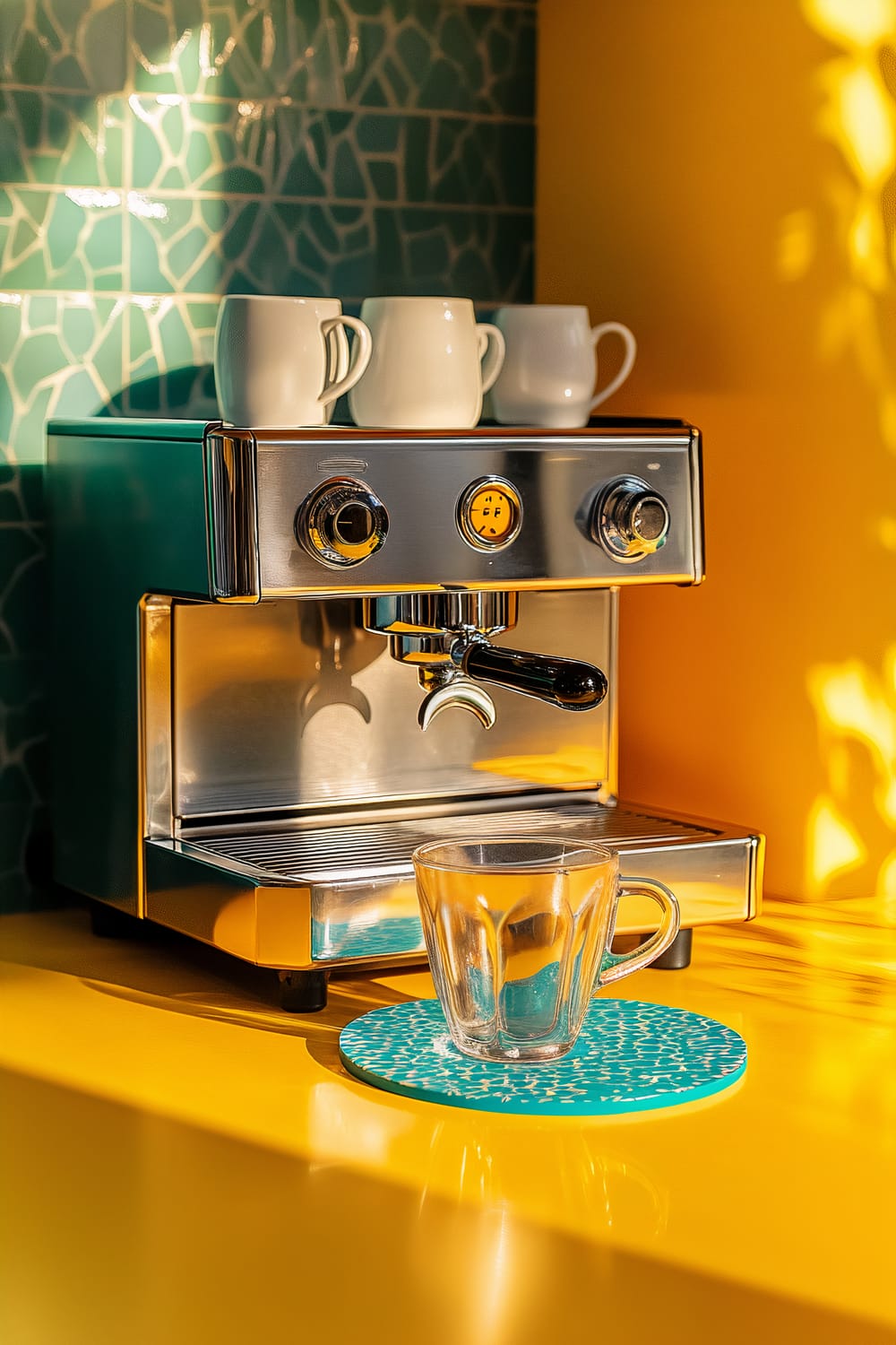 Retro coffee station with a chrome coffee maker, clear glass coffee cups, a teal coaster, and a bright yellow countertop. Strong lighting highlights the metallic and colorful elements.