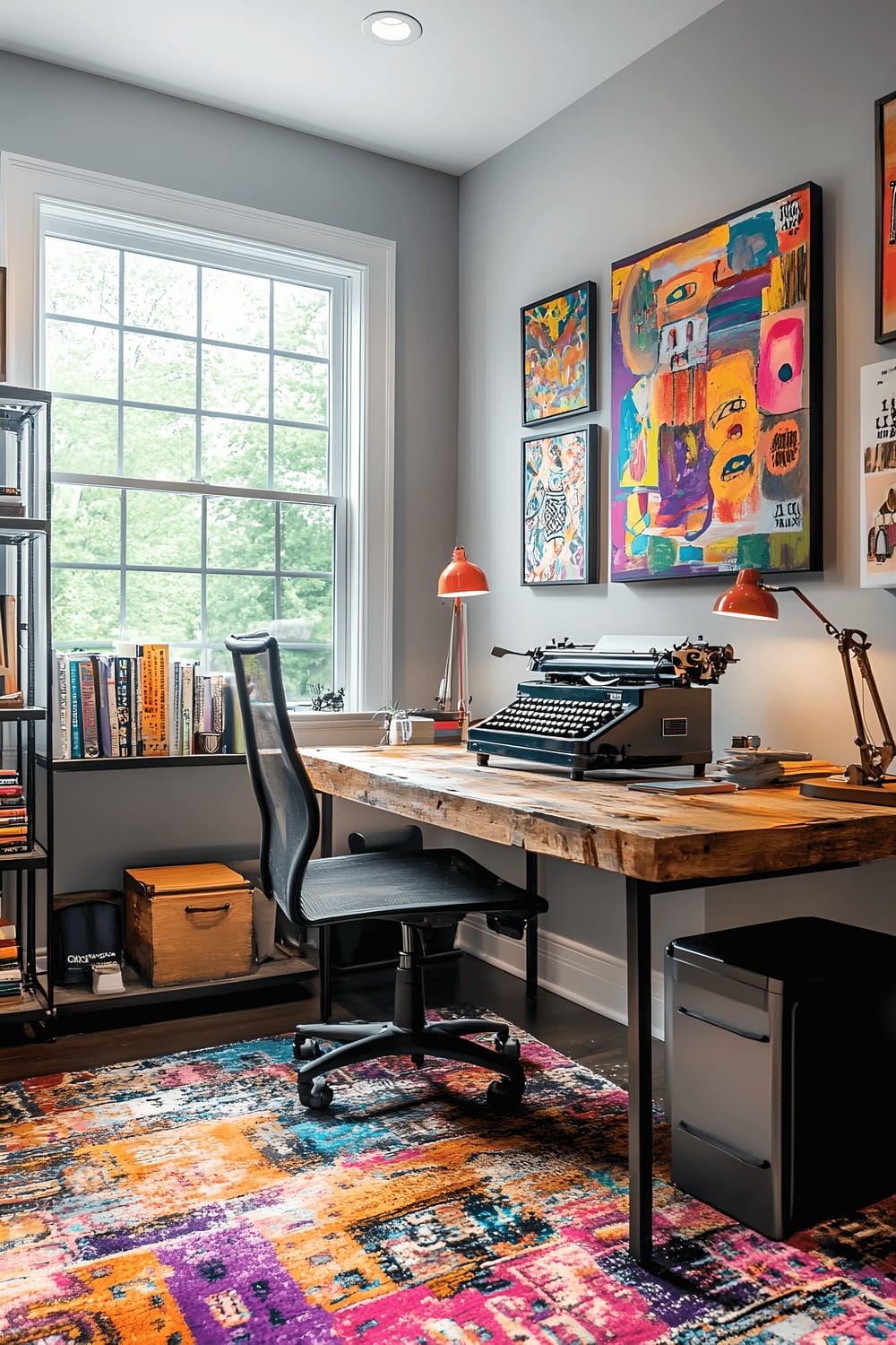 A vivid and eclectic home office setting featuring a repurposed wooden desk beneath a sunlit window, modern metal shelving unit filled with vintage typewriters, bright abstract wall art, multiple desk lamps, and plenty of natural light filtering through the window.