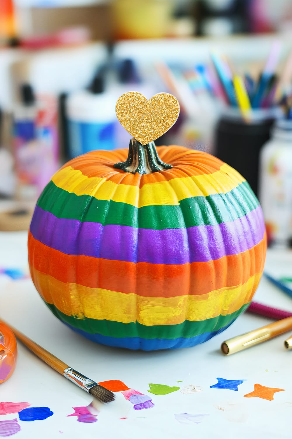 A brightly colored pumpkin is painted with horizontal stripes in the colors of the rainbow: red, orange, yellow, green, blue, and violet. On its stem is a golden, glitter-covered heart. The background features a blurred setting of art supplies, including paintbrushes, paints, and other tools, suggesting a creative environment. There are paint stains and paintbrushes on the table in front of the pumpkin.