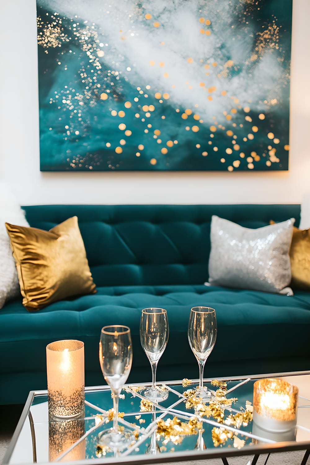 A mid-century modern living room showcases a teal velvet sofa adorned with three gold accent pillows. A geometric coffee table holds two silver candle holders, with gold confetti scattered around the room. Dominating the wall above the sofa is an abstract art piece with gold highlights. The room is softly lit, enhancing the stylish décor.