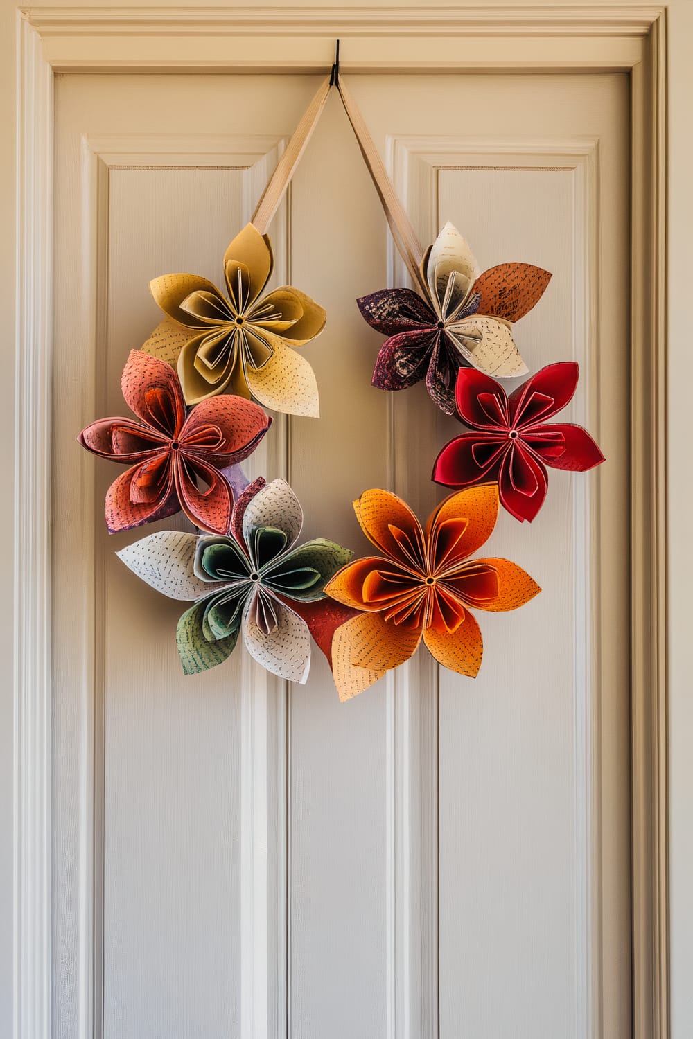 A wreath made of colorful paper flowers hanging from a cream-colored door. The flowers are crafted from folded paper, featuring six individual flowers arranged in a circular formation. Each flower is made from paper with various colors, including yellow, red, orange, green, and white, with different patterns and text printed on them. The wreath is suspended from a beige ribbon.