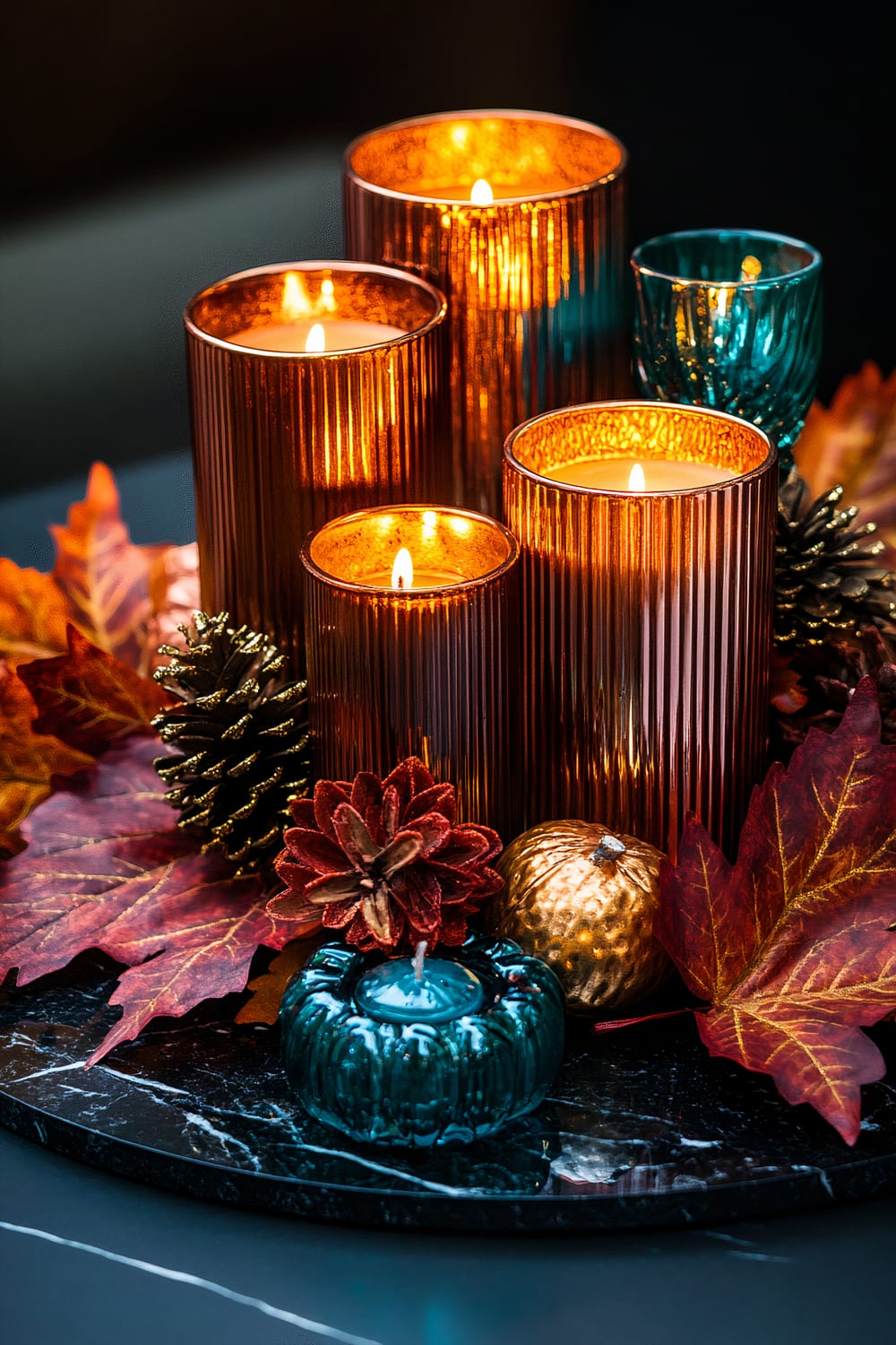 A luxurious Thanksgiving centerpiece featuring a variety of copper and gold candles of different heights on a black marble tray. The arrangement is surrounded by vibrant red and yellow fall leaves, teal glass accents, and decorative pinecones. The softly lit candles cast elegant shadows, creating a sophisticated and eye-catching display.