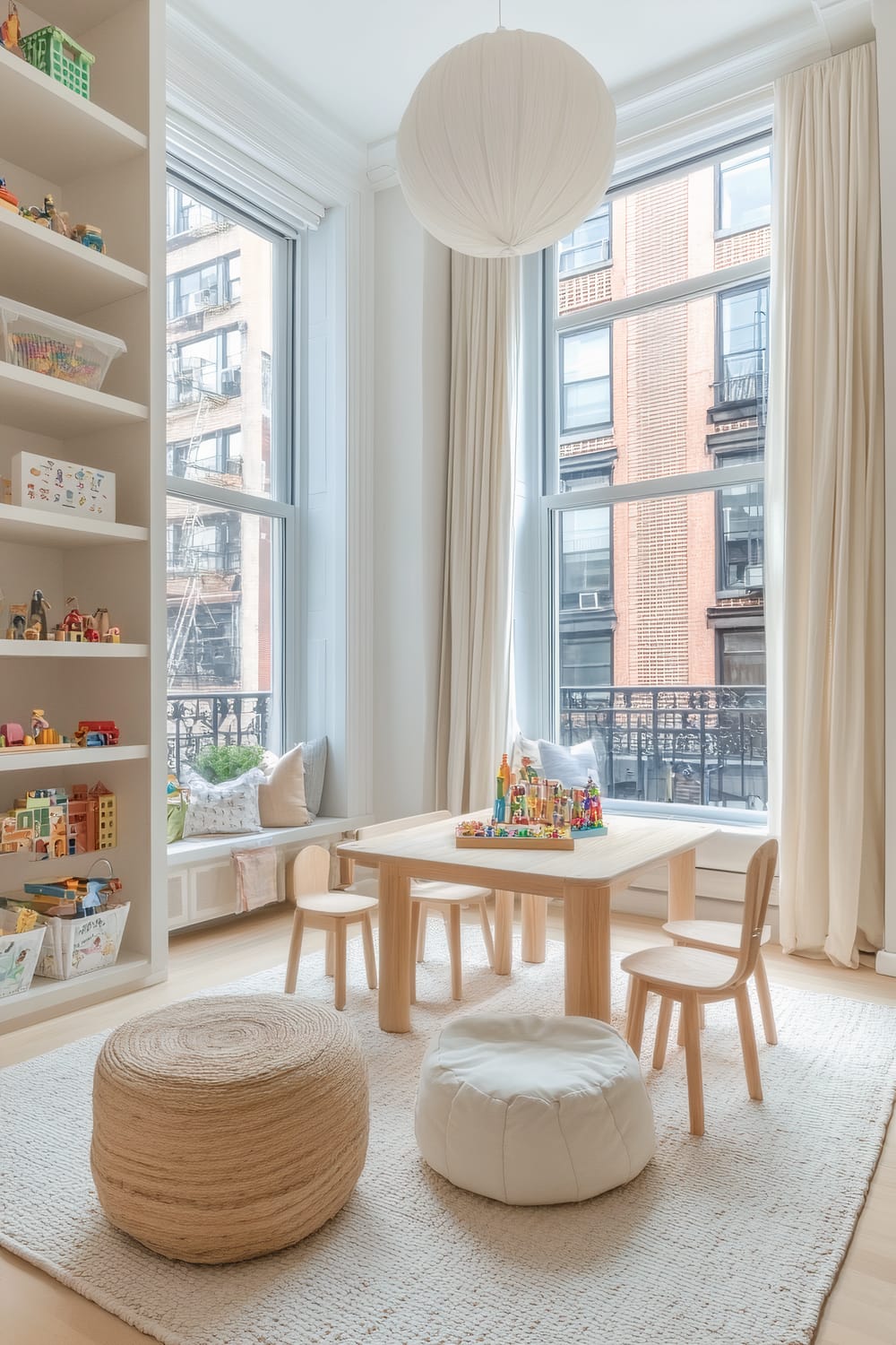 A bright, open playroom with large windows allowing plenty of natural light. Low wooden shelves hold neatly organized toys and books. A child-sized table and chairs sit at the center, and a plush area rug covers the floor. The room has neutral tones and minimal decor.