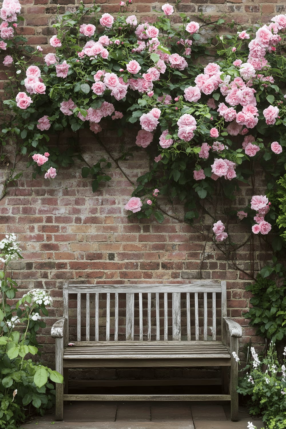 An enchanted secret-garden scene with a rustic brick wall clothed in thick, intertwined pink climbing roses and honeysuckle, with a simple wood bench placed invitingly nearby.