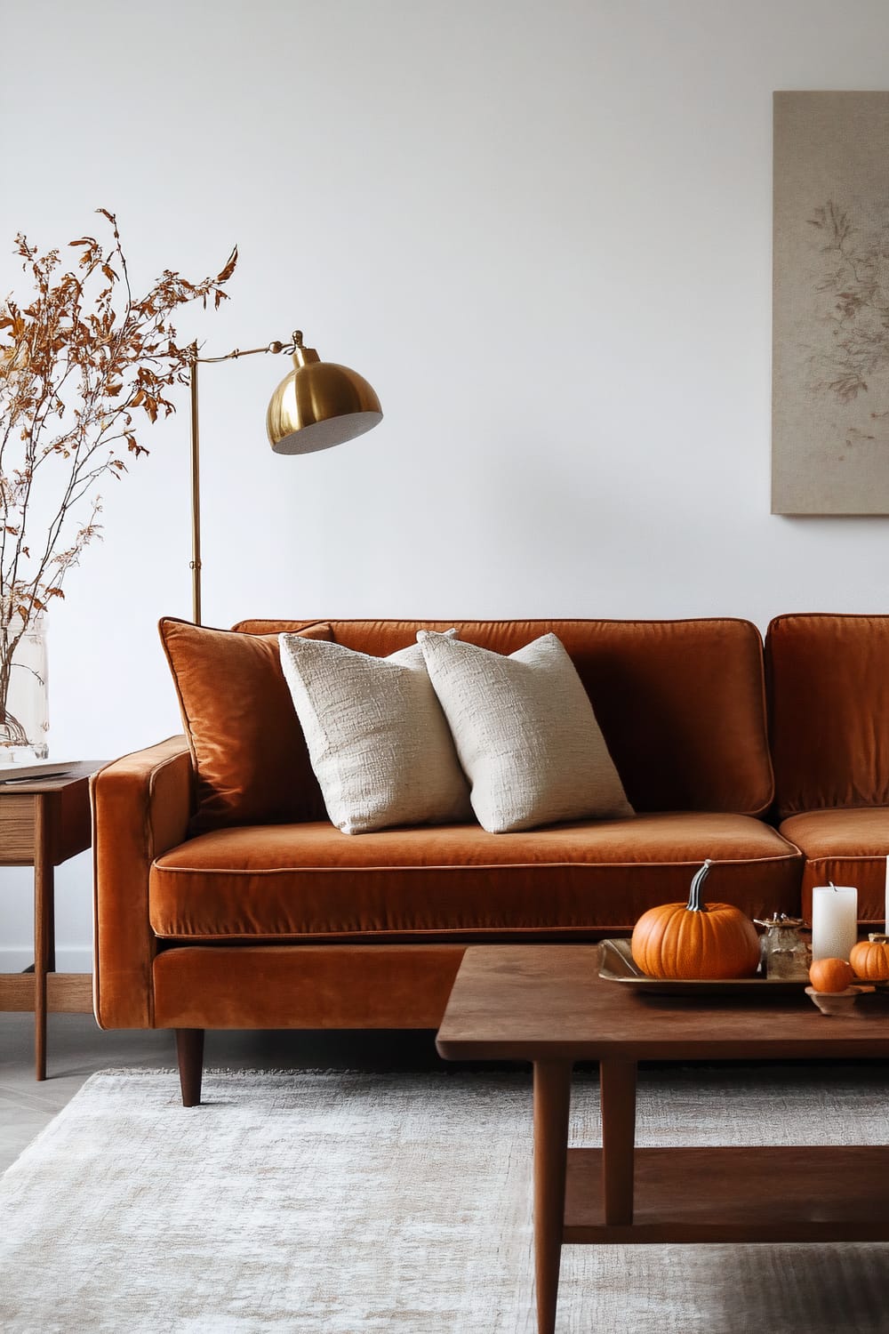 A modern living room features a burnt orange velvet sofa adorned with two large, textured white cushions. A sleek brass floor lamp with a dome-shaped shade is positioned behind the sofa, providing ambient light. A simple wooden side table next to the sofa holds a clear vase with dried autumnal branches. In front of the sofa, a wooden coffee table is adorned with small pumpkins and a pair of candles, evoking a cozy autumnal atmosphere. A neutral textured rug anchors the space, and an understated piece of botanical wall art hangs on the white wall, completing the minimalist yet warm decor.