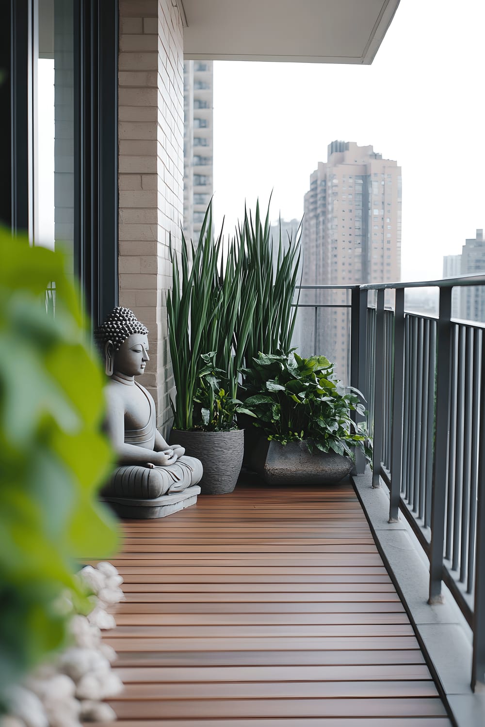 A small balcony garden featuring interlocking wooden deck tiles and a variety of potted plants, including tall corn plants and compact decorative foliage. A stone Buddha statue adds a peaceful element to the space. Beyond the balcony, an urban cityscape forms a modern backdrop.