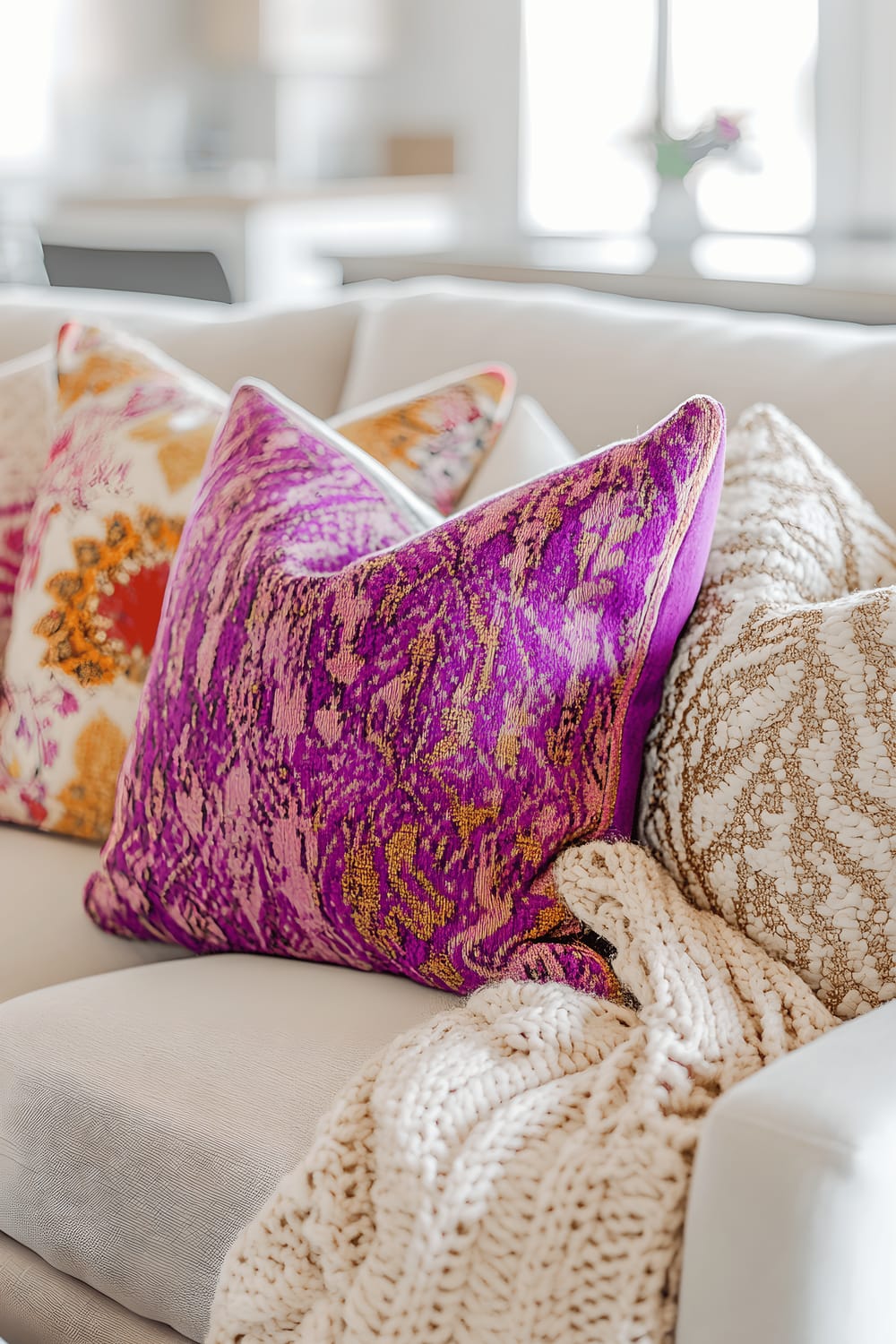 A sophisticated seating area featuring a light beige sofa adorned with an assortment of throw pillows in vibrant hues of pink, purple, and gold. A matching chunky knit blanket is casually draped over one arm of the sofa, further adding to the inviting nature of the space.