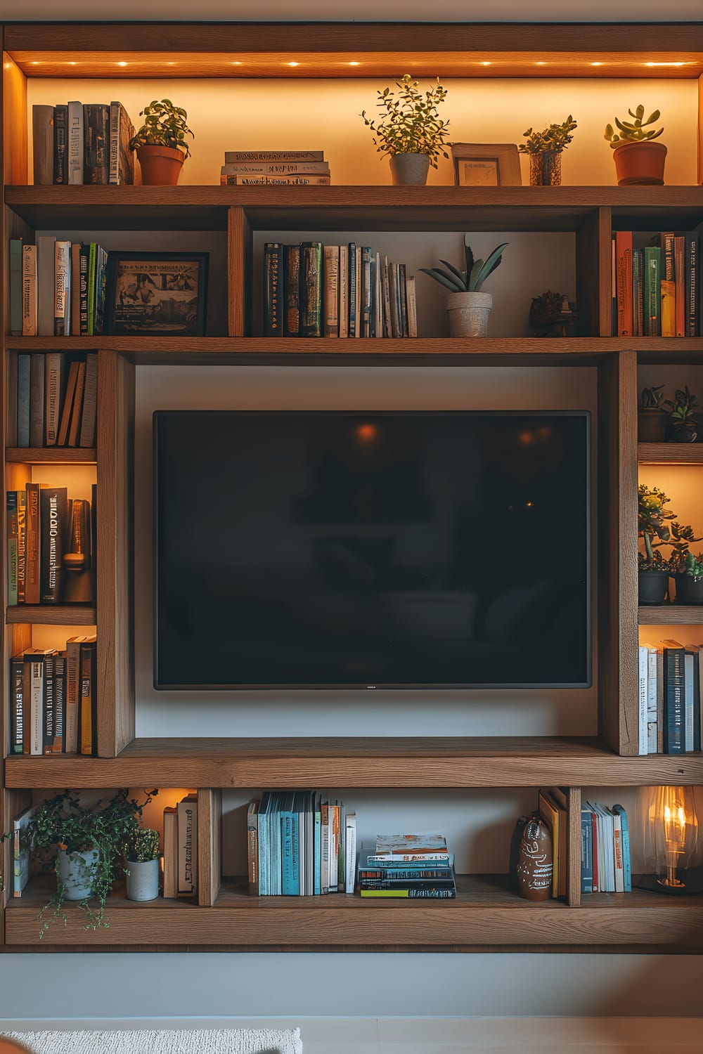 A modern black flat-screen TV elegantly integrated into a vintage dark-wood bookshelf, filled with an assortment of antique hardcover books, period trinkets, and tiny potted succulents. The TV sits centrally on one of the shelves, meticulously positioned to appear as just another object of display. The bookshelf is against a delicately textured ivory wall, illuminated subtly by warm, indirect lighting, thus creating an inviting atmosphere.