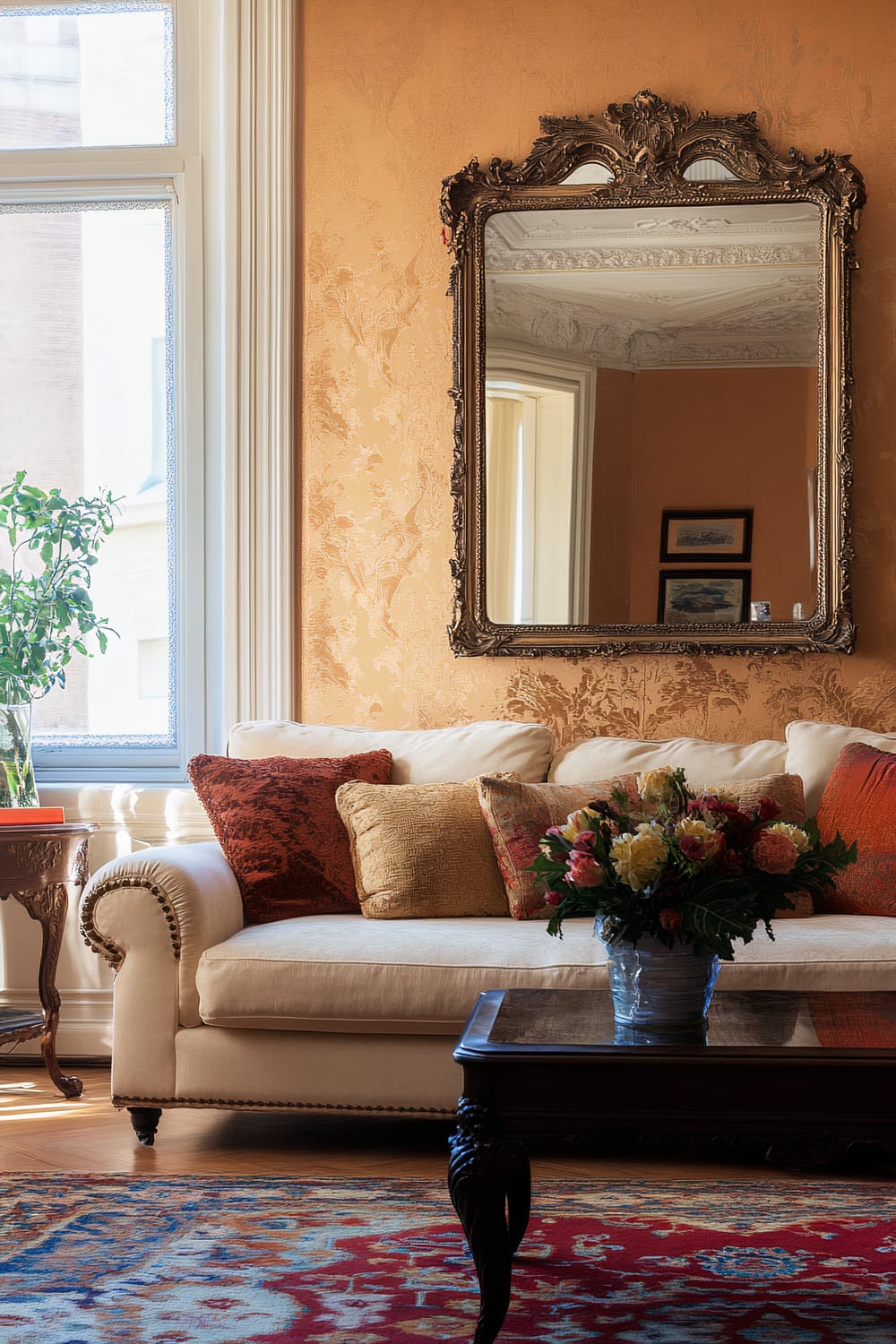 An elegantly designed living room featuring an ornate gold-framed mirror on an orange damask-patterned wallpapered wall, reflecting intricate ceiling moldings. A plush, cream-colored sofa adorned with various textured pillows in orange and golden hues sits beneath the mirror. A dark wooden coffee table with floral carving embellishments holds a vibrant floral arrangement. A richly patterned red and blue rug lies on the wooden floor, and a round wooden side table with cabriole legs, holding a plant, is placed beside the sofa near a large window.