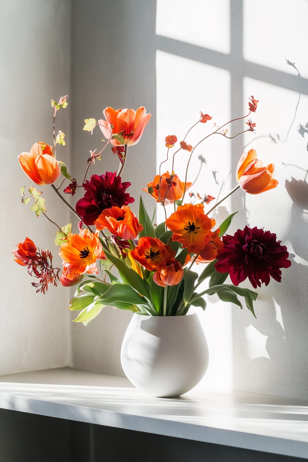 A white vase filled with a vibrant bouquet of flowers, including orange tulips and dark red dahlias, sits on a sunlit windowsill. The flowers and their shadows are cast on the white wall, creating a striking visual effect.