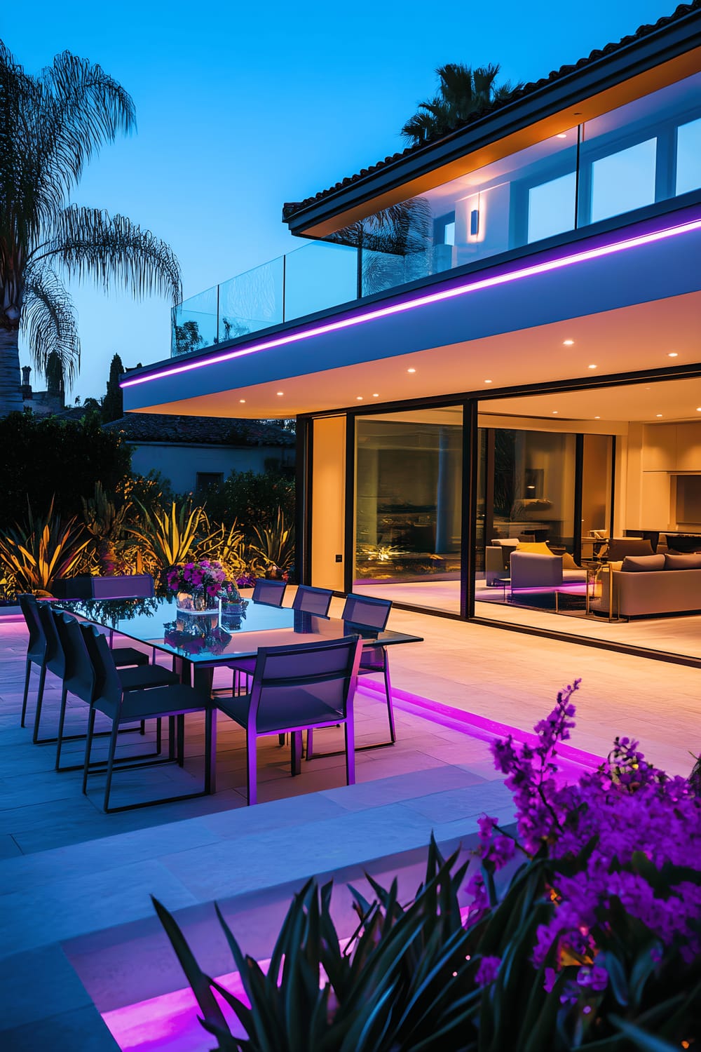 A modern outdoor patio area showcased in the evening, featuring sleek aluminum furniture and a glass dining table. The space is highlighted by LED strip lights along the table's edges and integrated into the furniture, matching with their metallic accent. The scene further brims with fine floral arrangements providing vibrant color contrasts. Unobtrusive outdoor speakers blend in seamlessly with the design, providing an ambiance-enhancing element.