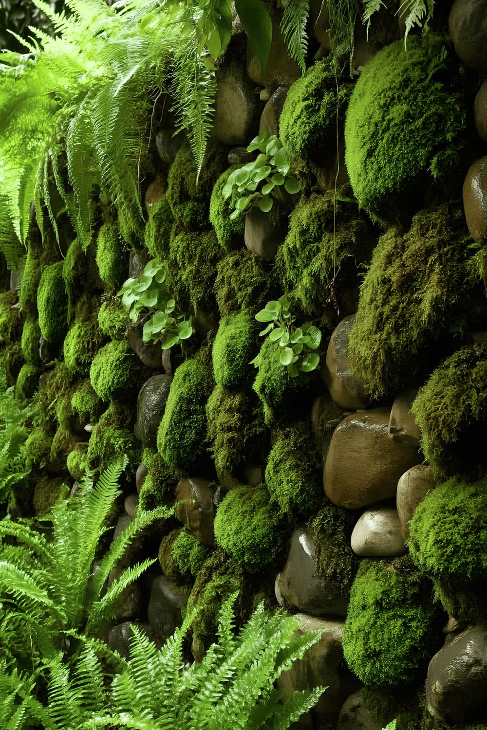 A rustic garden wall densely covered with lush green moss and carefully adorned with various sized river rocks. The top of the wall supports cascading hanging plants and delicate ferns, together creating a serene and natural environment.