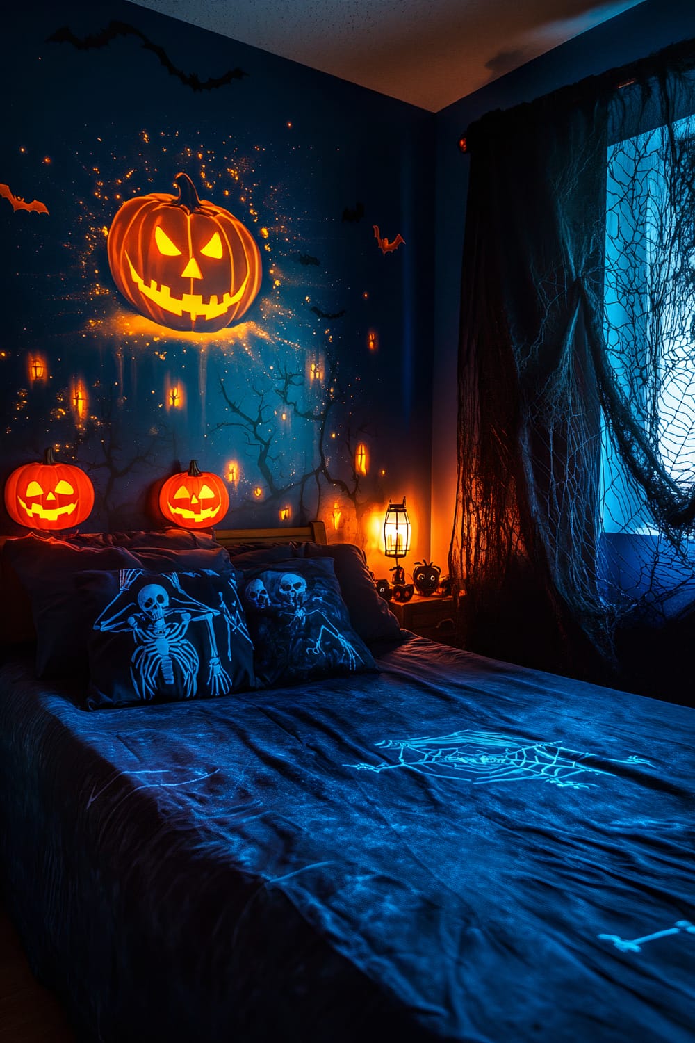 An intricately designed Halloween-themed bedroom featuring a bed with dark skeleton-themed bedding. The wall behind the bed is adorned with a large illuminated pumpkin face and sparkles, creating an eerie and festive atmosphere. Small lanterns and silhouettes of bats enhance the wall's spooky vibe. On either side of the bed, there are glowing jack-o'-lanterns, and a lamp emits a warm, orange light next to spooky decor, all complementing the dark curtains matching the room's haunting aesthetic.