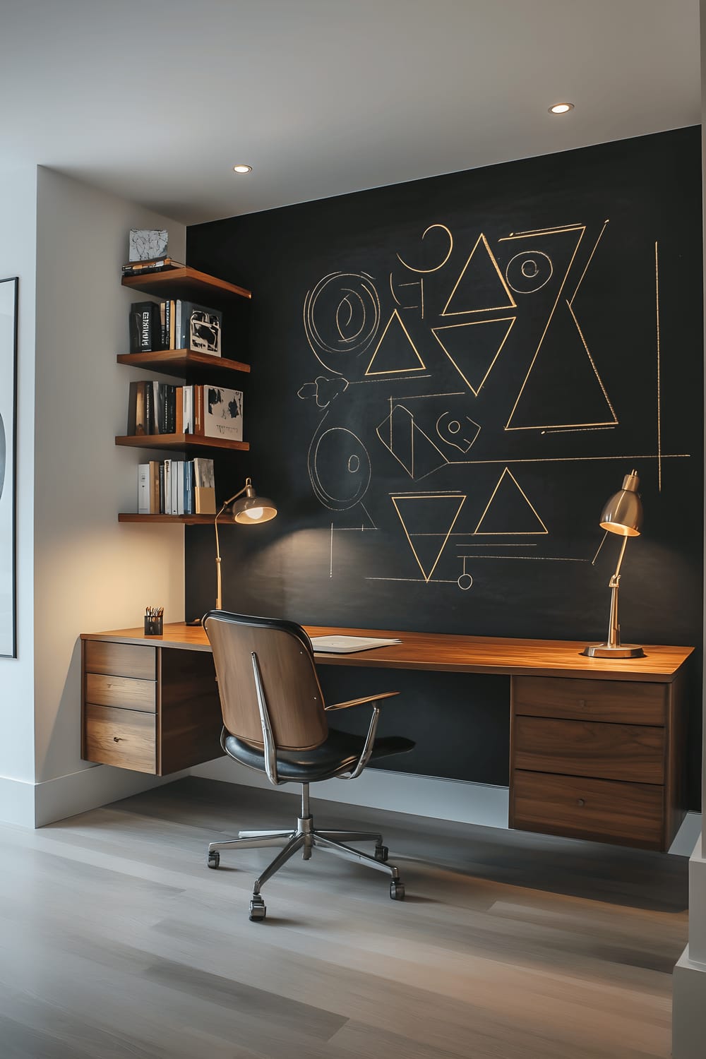 A mid-century modern home office with white chalkboard wall adorned with geometric chalk designs in black and gold. The room features a brown teak desk with desk lamp, a designer style chair, and minimalist shelving holding vintage books. Radiant natural light from an adjacent window illuminates the room.