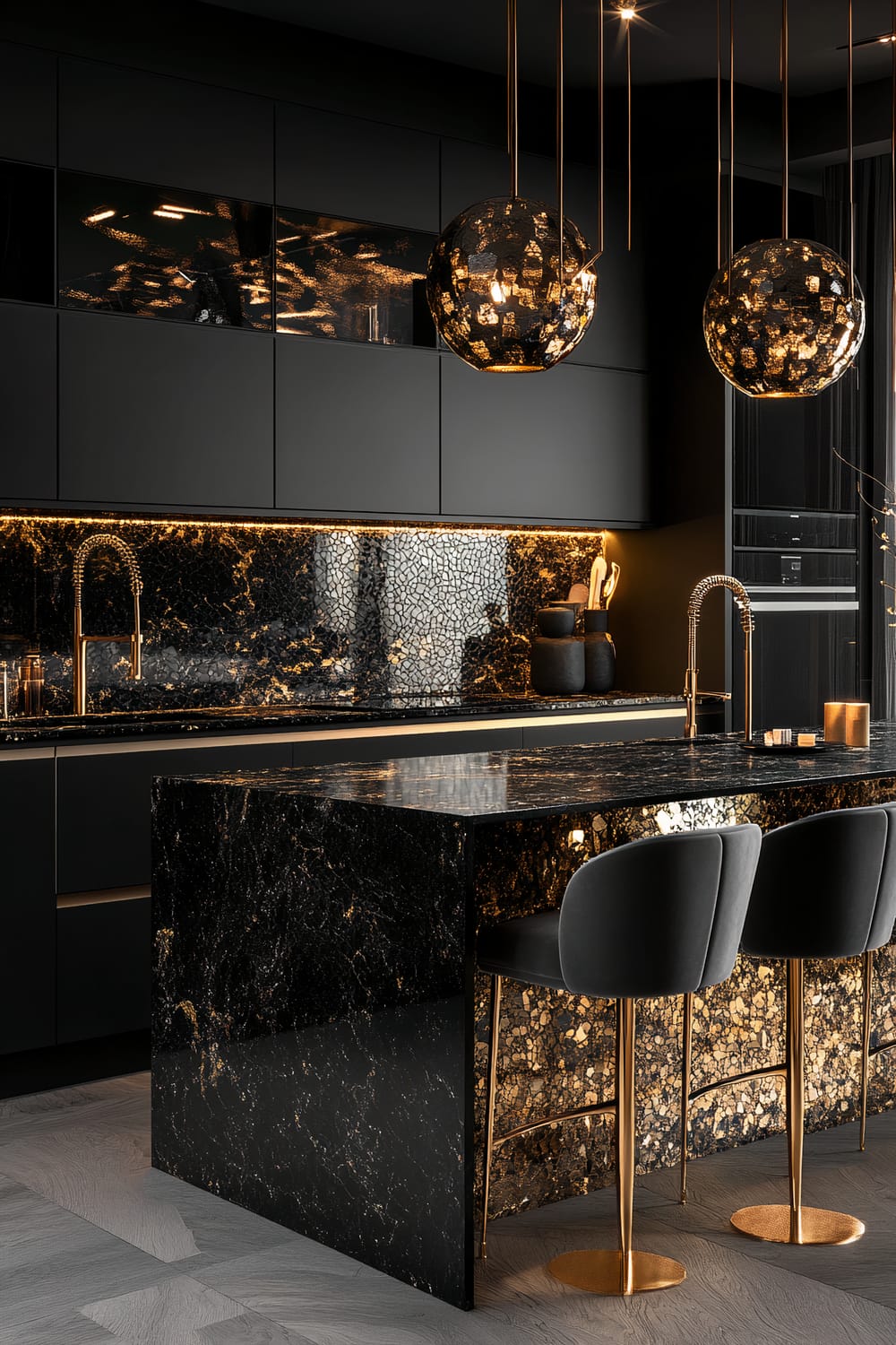 A modern kitchen with sleek black cabinets, a black marble countertop with gold veining, and a matching backsplash. Three spherical pendant lights hang above the island, featuring a mosaic design in gold and black. The island includes two black barstools with gold bases. The sink and faucet are also gold, adding a touch of luxury to the space.