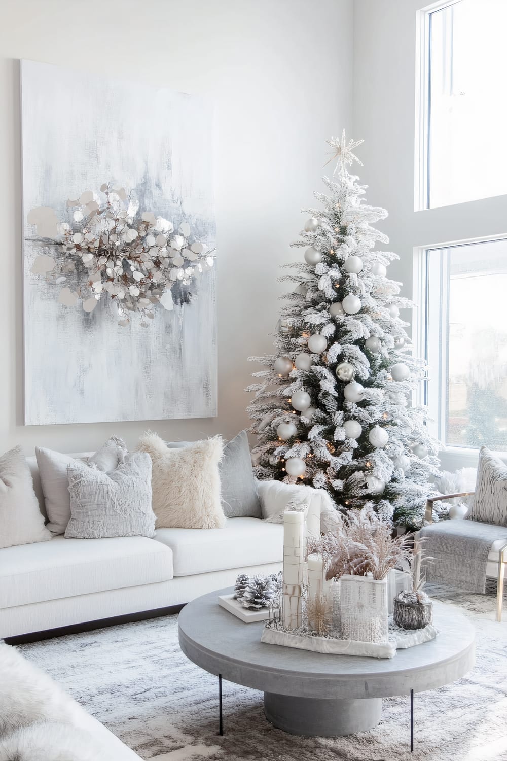 A bright and modern living room decorated for the holiday season. A Christmas tree with snow-like flocking, adorned with white and silver baubles, stands tall by a large window. The white sofa is accented with an assortment of plush, textured pillows in shades of gray and cream. A large, modern abstract painting with metallic accents hangs on the wall. The room features a round coffee table with a minimalist decorative arrangement of candles, frosted pine cones, and faux foliage. The space is light and airy with a soft-color palette.