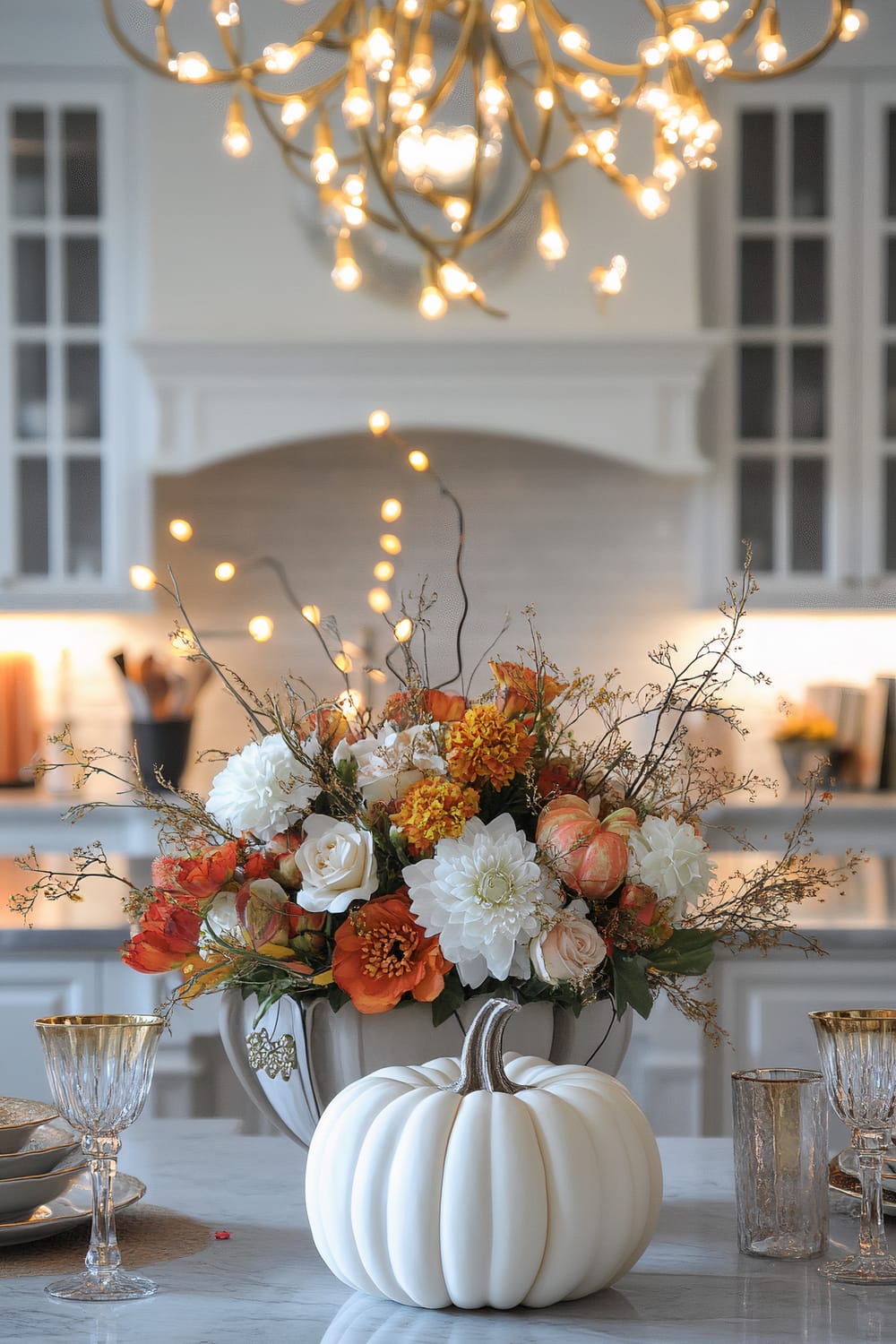 A stylish kitchen island is adorned with an elegant fall floral arrangement containing white, orange, and peach flowers, housed in a decorative white vase. Complementing the centerpiece is a white pumpkin. The island also features gold-rimmed glassware and beautifully set plates. An intricate chandelier with warm, glowing lights hangs above, casting a refined ambiance over the scene. In the background, white cabinets and a sleek range hood contribute to the sophisticated, light-filled atmosphere.