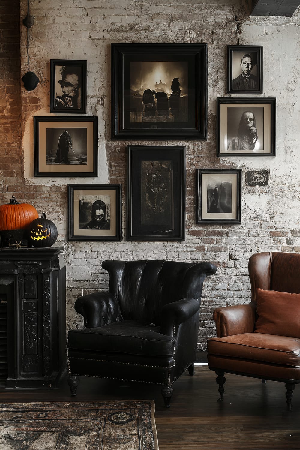 An interior of a loft with exposed brick walls featuring black and white Halloween-themed photographs in mismatched frames. The photographs are arranged above a mantle decorated with two pumpkins, one carved as a jack-o'-lantern. There are a leather black armchair and a brown leather wingback chair in front of the mantle.