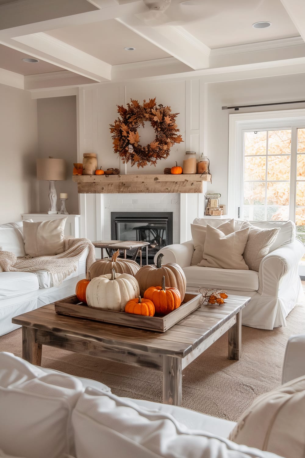 An inviting living room decorated for autumn. The room features a central coffee table with various sized pumpkins as centerpiece. A white couch and armchair with beige cushions flank the table. The fireplace, adorned with a fall wreath and smaller pumpkins on the mantel, adds to the seasonal aesthetic. Large windows on the right bring in natural light, complementing the neutral color scheme.