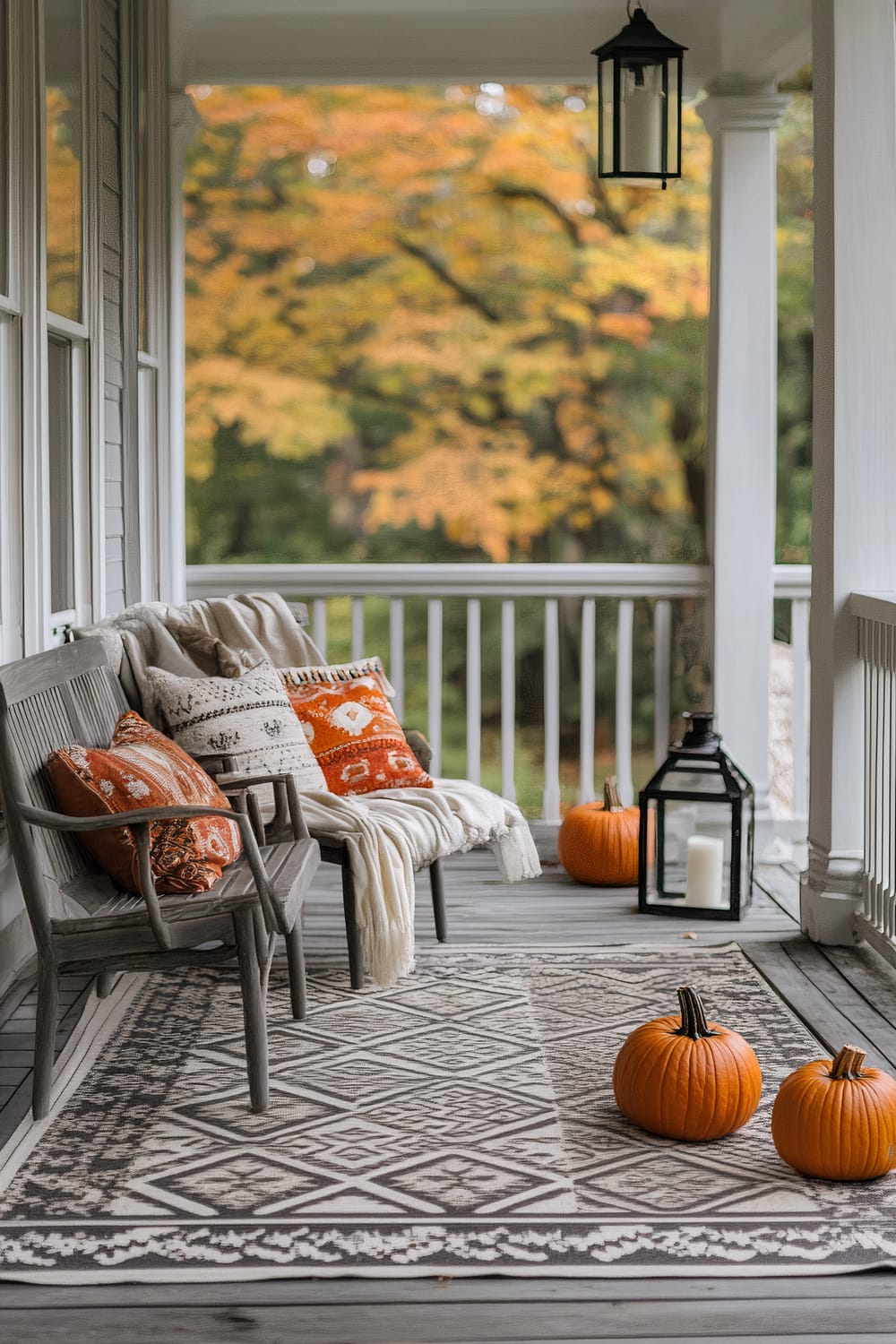 A charming porch decorated for autumn. The space features a wooden bench with cushions in warm tones of orange and cream. A patterned rug covers the wooden deck floor, complemented by two pumpkins and a black lantern with a white candle. The backdrop shows fall foliage with trees displaying vibrant yellow and orange leaves.