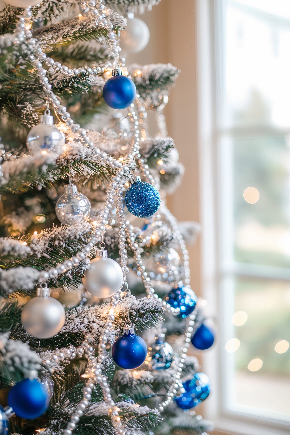 A close-up of a Christmas tree decorated with blue, silver, and white ornaments and frosted pine branches, wrapped with strings of white lights and silver bead garlands. The background shows a window with outdoor light filtering in.