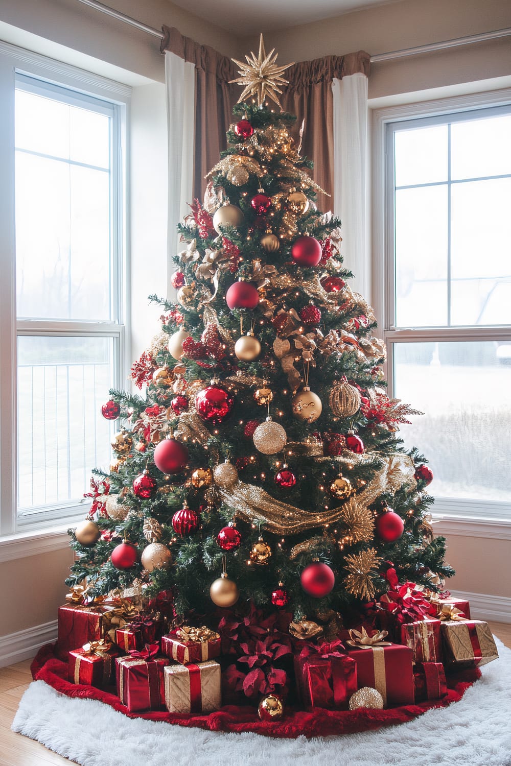 A festive Christmas tree adorned with a combination of red and gold ornaments, including baubles, ribbons, and a star topper. The tree is surrounded by neatly wrapped gifts in red and gold wrapping paper. It stands in a well-lit room with natural light coming from two large windows, featuring light-colored drapes framing the scene. A plush white rug and vibrant red tree skirt encircle the base of the tree, adding to the holiday cheer.