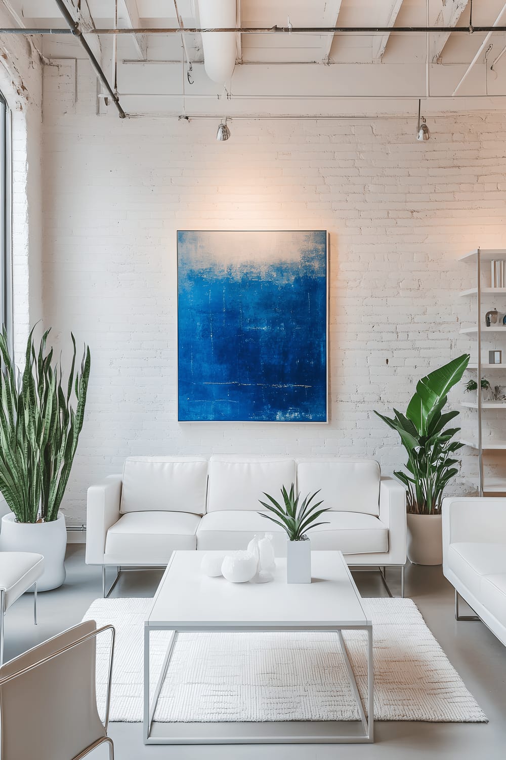 An airy industrial loft with all-white decor, including exposed brick walls, metal furniture, and leather seating. The stark white room is complimented by a large, cobalt blue abstract painting adorning the main wall. Snippets of green from snake plants in white pots provide a splash of color. The space is illuminated by pendant lights and floor lamps, highlighting the vibrant artwork and creating noticeable contrasts.