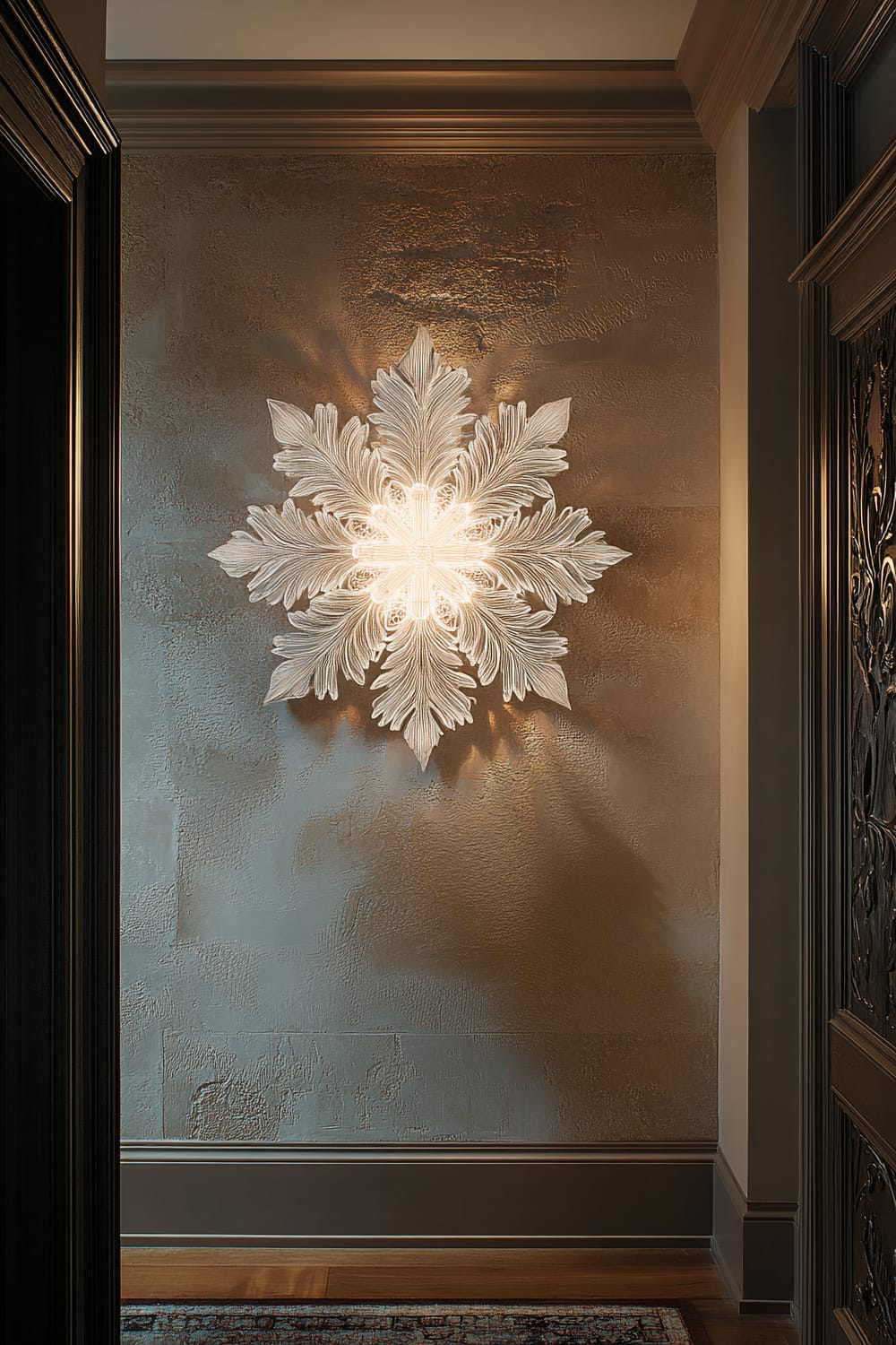 An intricate white snowflake wall sconce emitting warm light, mounted on a richly textured plaster wall in a traditional hallway with dark wood moldings.