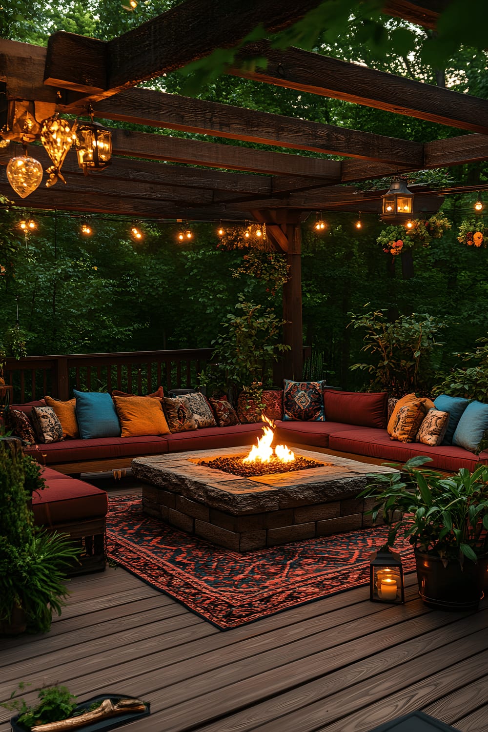 A spacious wooden deck crafted from reclaimed timber features a central stone fire pit surrounded by colorful outdoor cushions and rugs. Overhead, a pergola with climbing vines provides partial shade. Potted evergreen plants, flickering candle lanterns, and glowing string lights add to the ambiance. The scene is photographed during dusk.