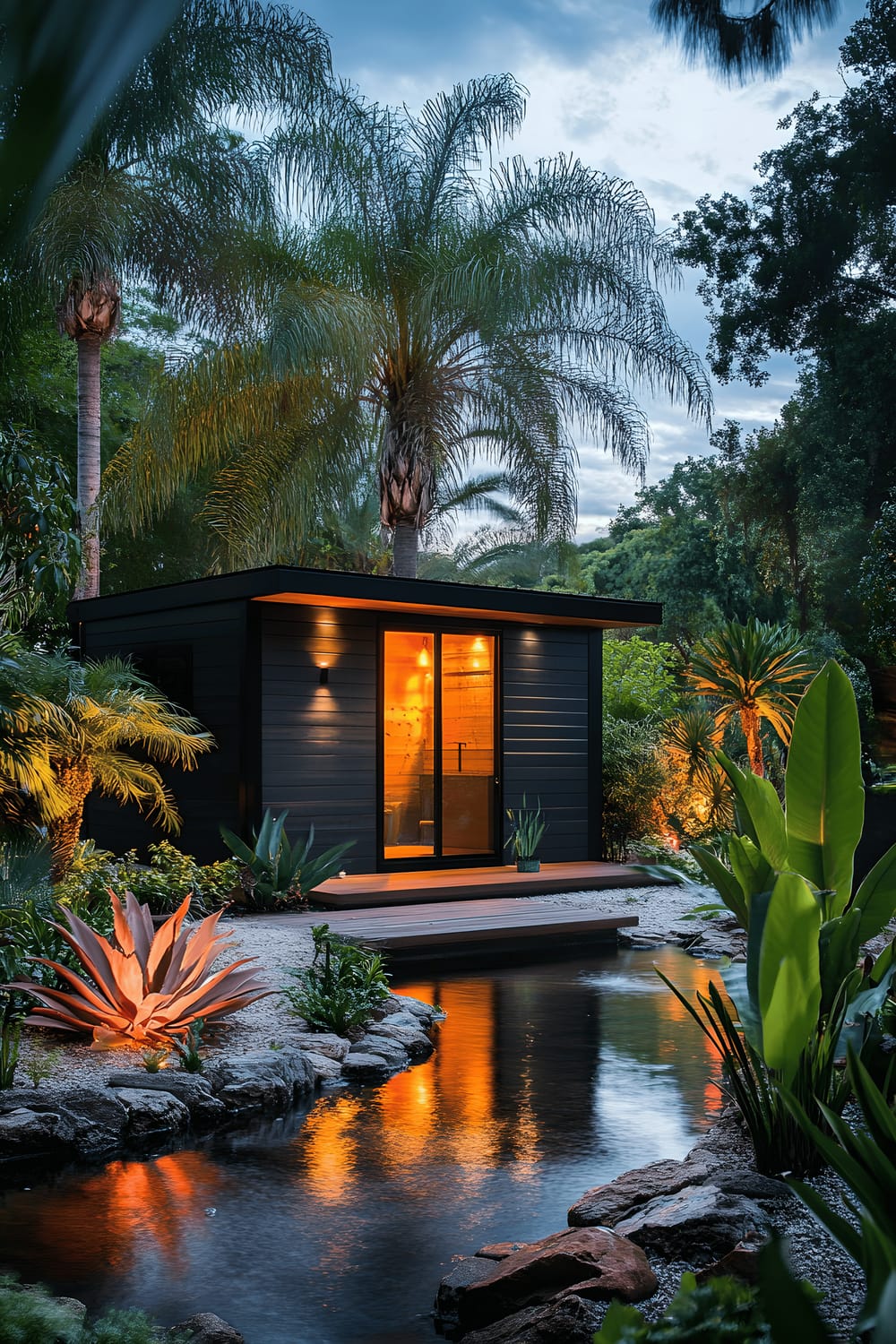 A striking dusk shot of a contemporary shed with bold, flat architectural lines and a dark finish. The shed is nestled among large tropical palm trees, vibrant bromeliads, and includes a subtle water feature. The scene is beautifully framed by dynamic neon reflections and soft ambient glows.