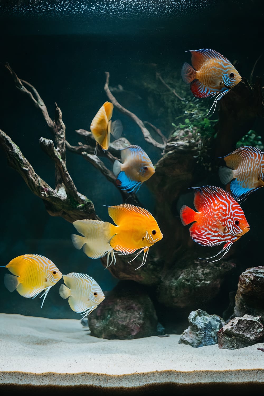 An aquarium with a bare bottom, featuring fine white sand and a group of colorful discus fish. The fish display bright hues of orange, red, and blue. In the background, there is a piece of driftwood. The lighting is subdued, with a spotlight focusing on the fish, enhancing their vibrant colors.