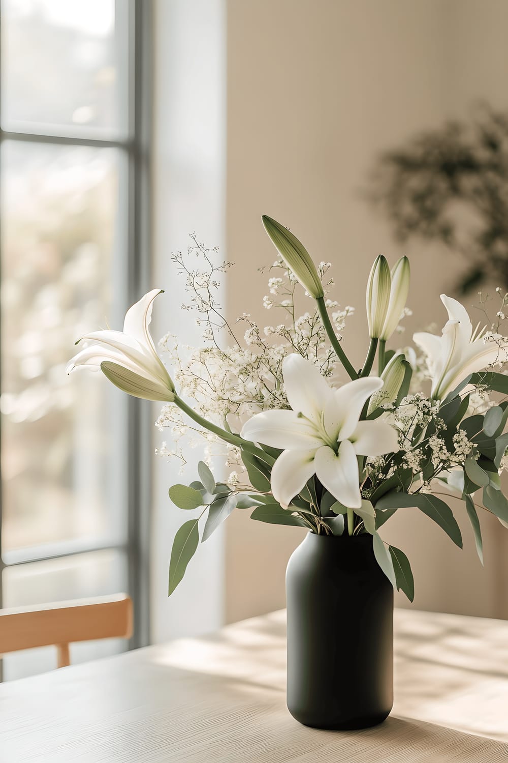 A photograph of a beautiful arrangement of white lilies and eucalyptus stems in a matte black vase, placed on a light birch wood table. The table sits within a room decorated with neutral-toned Scandinavian décor, featuring sparse furnishings, clean lines, and white walls. Large windows light the room with a soft, diffused daylight.