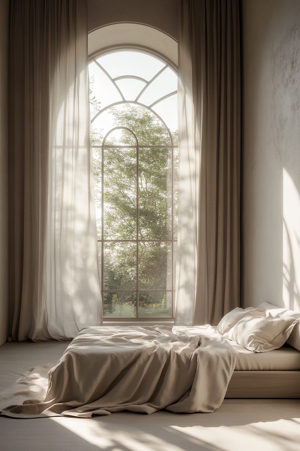 A modern bedroom with a grand arched window featuring flowing linen drapes in neutral colors. Sunlight streams through the window, creating dynamic light and shadow play on a sleek platform bed with simple bedding. The room has an elegant and airy feel with a unique perspective from inside the room looking out.