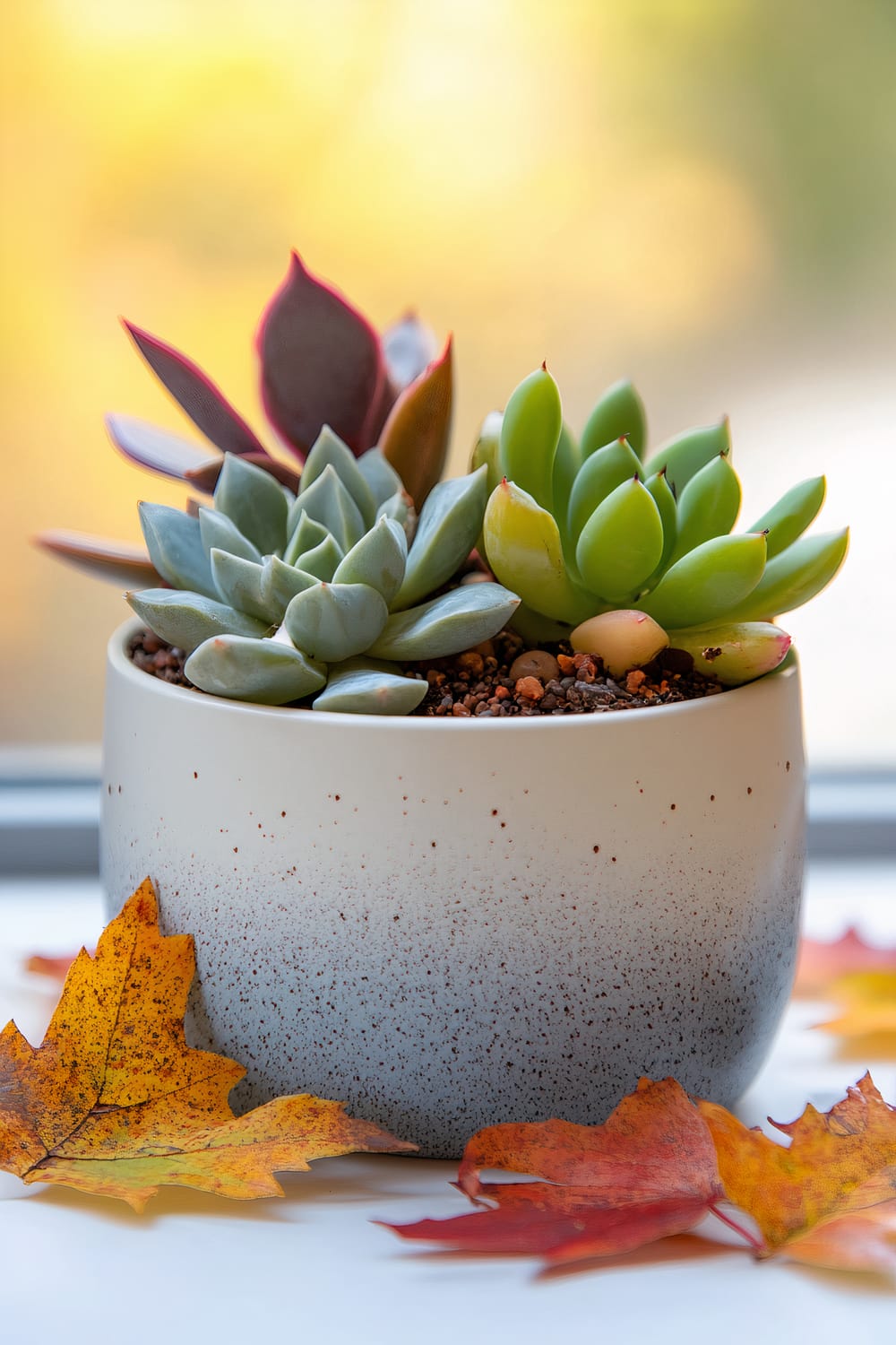 A modern ceramic planter holding various succulents with fallen autumn leaves scattered around. The planter has a clean, speckled design with soft diffused lighting that highlights the textures and colors of the plants and leaves.