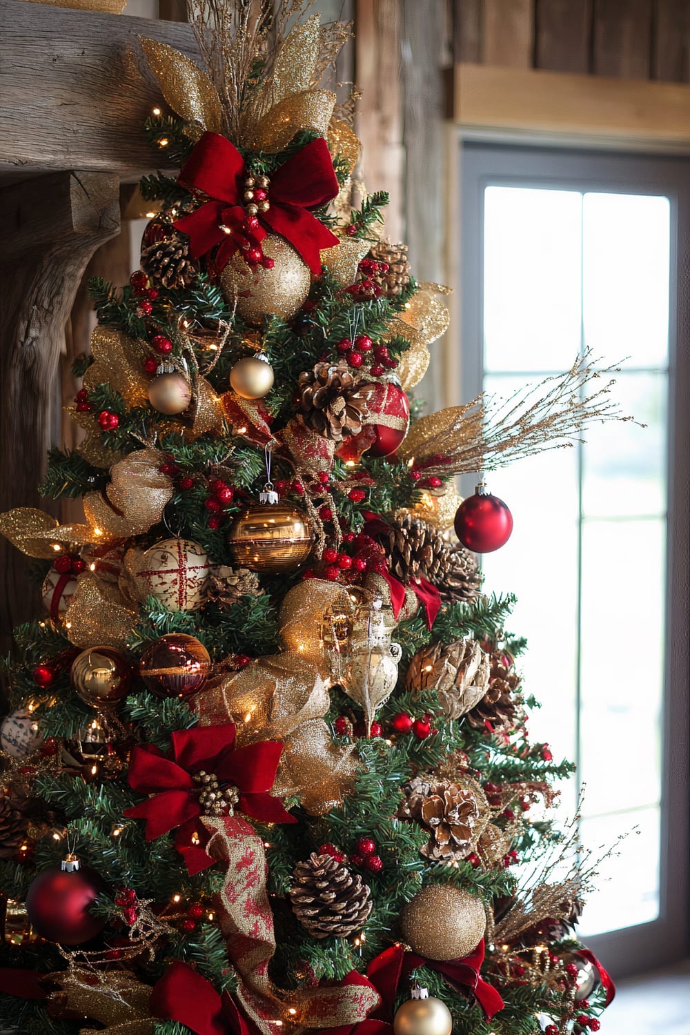 A Christmas tree adorned with various festive decorations, featuring golden ribbons, pinecones, and vivid red bows. The tree has ornaments in gold, red, and silver, creating a rich and elegant appearance. The background includes a wooden wall and a partially visible window, contributing a rustic, cozy vibe to the scene.