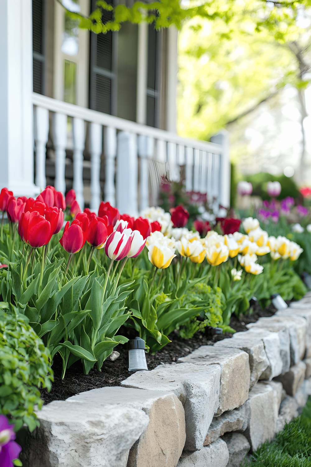 A charming front yard garden filled with vibrant red, white, and yellow tulips planted in a raised bed bordered by neatly stacked natural stones. The garden is further adorned with lush greenery and small decorative lights along the edge of the flower bed. A section of a white porch railing is visible in the background along with a cozy seating area.