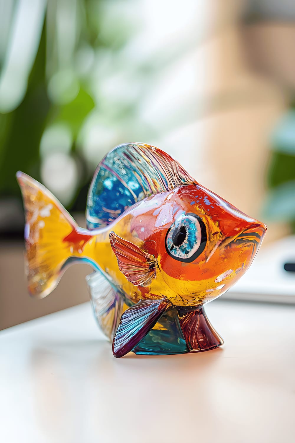 A brightly coloured fish-shaped paperweight with exaggerated, dreamlike features sitting on a pristine white desk.