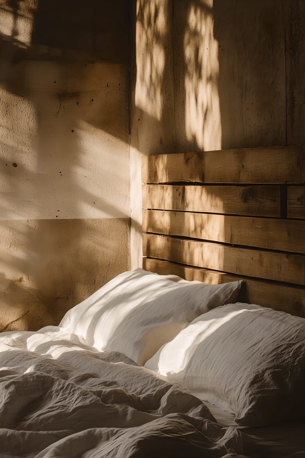 A view of a bedroom showcasing a minimalist DIY headboard created from repurposed wooden planks with a natural matte finish. The bed is made up with crisp linen bedding and bathed in soft, natural light that's streaming in from an unseen window.