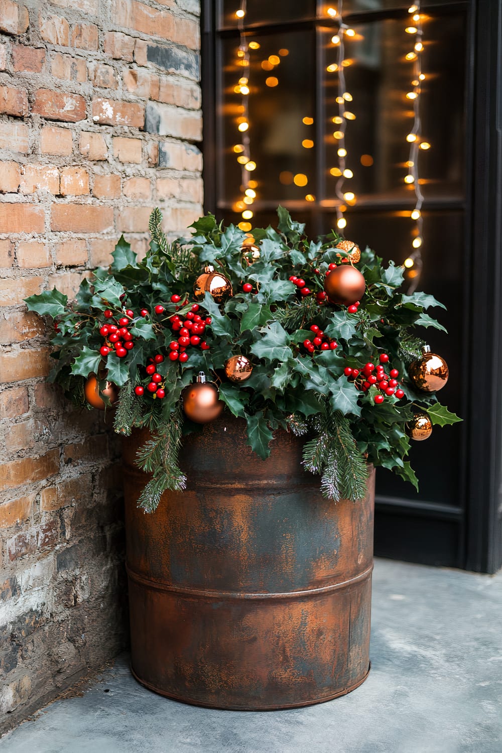 A distressed metal drum planter, filled with trailing English Ivy, bright red berries, copper-painted ornaments, and small pinecones, sits on an urban industrial patio with exposed brick walls and concrete flooring. Edison bulb string lights are wrapped around the drum. The cool winter light contrasts with the warm copper accents, creating an edgy Christmas display.