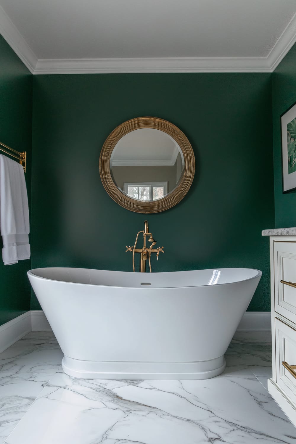 Modern bathroom with dark green walls, featuring a white freestanding bathtub with gold fixtures. Above the tub, there's a round, gold-framed mirror. The floor is covered with white marble tiles with gray veining. A white towel hangs on a gold towel bar on the left, and white cabinetry with gold handles is partially visible on the right.