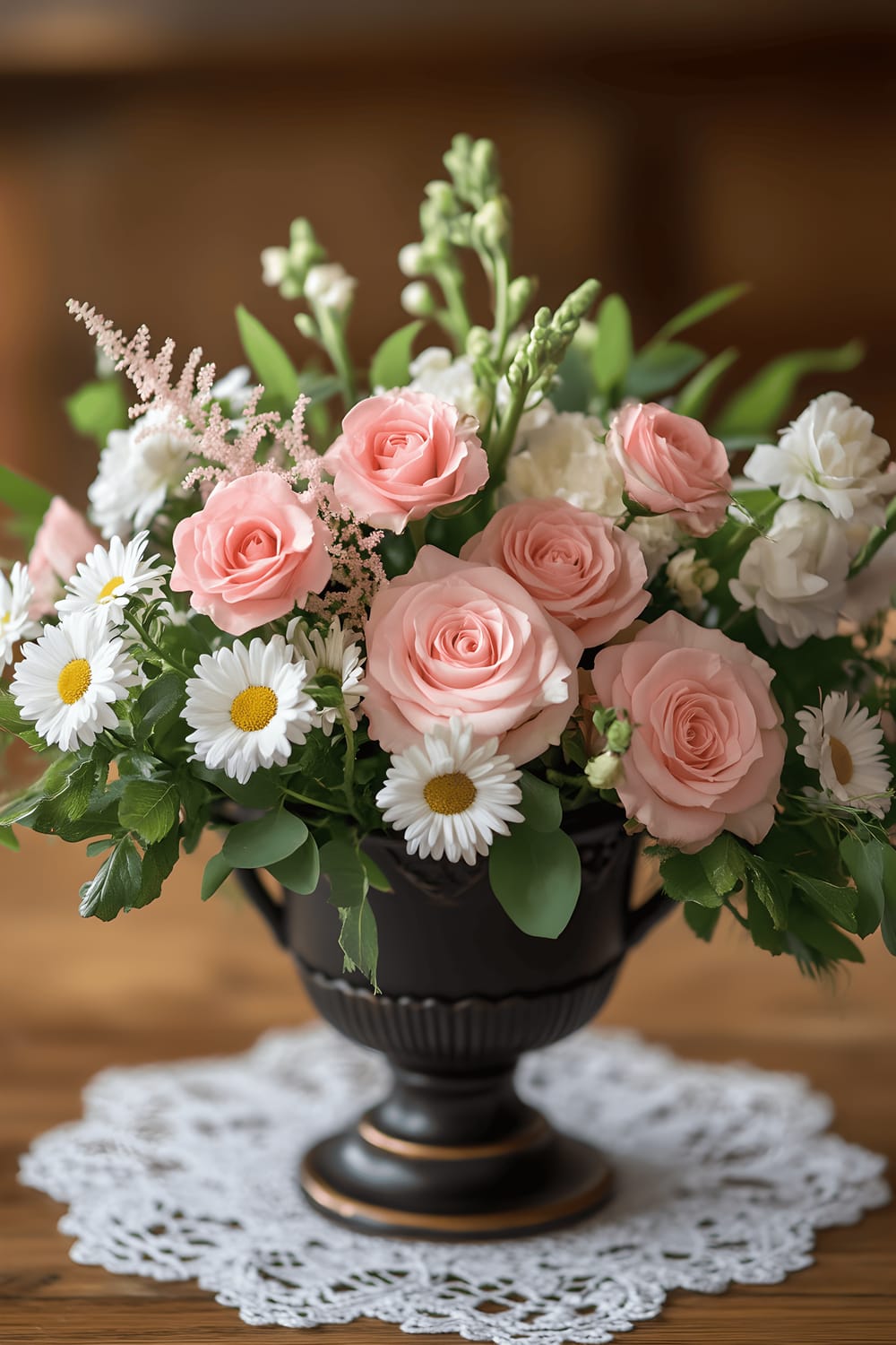 An antique teapot serving as a vase brims with soft pink roses and white daisies, creating a DIY spring centerpiece. The teapot sits on a delicate lace doily atop a rustic, reclaimed wooden table.