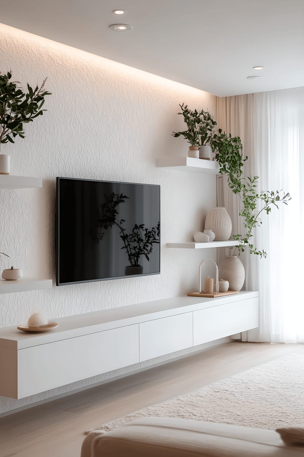 A pristine white TV wall characterized by a smooth matte finish with minimalist white floating shelves. Decorative items consisting of white ceramic vases and small potted plants are displayed on the shelves. A white geometric pattern creates a subtle texture on the wall and soft recessed lighting casts a gentle, illuminating glow.