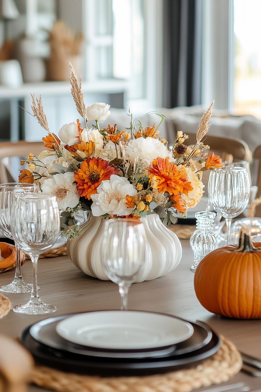 A beautifully decorated dining table with an autumnal centerpiece. The table features a white ceramic pumpkin-shaped vase filled with a vibrant mix of orange, yellow, and white flowers, along with some dried wheat stalks. Surrounding the vase are elegant glassware, including wine glasses, and woven placemats holding stacked plates. A small orange pumpkin sits to the right, adding to the autumn theme. In the background, blurred elements of the room, including a shelf with decor items, can be seen.