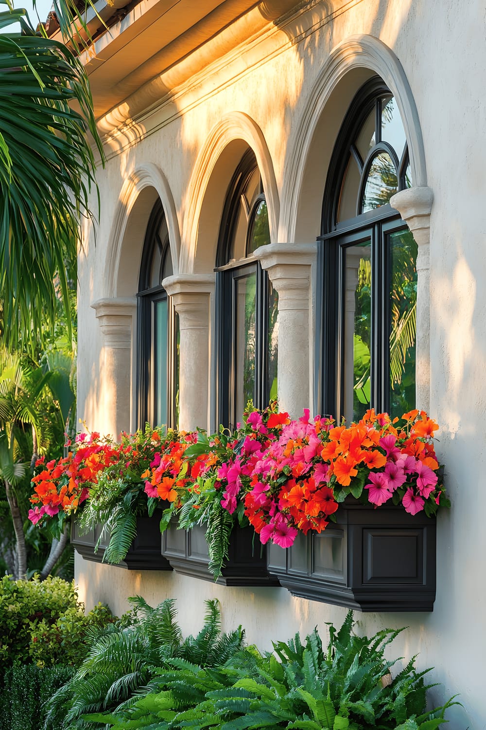 A breathtaking Mediterranean-style Florida house with stucco walls and beautiful arched windows. The windows have impressive vibrant window boxes, teeming with a variety of brightly coloured hibiscus flowers, which include shades of red, orange, and pink, and are further embellished by hanging bougainvillea vines and lush green ferns. This delightful scene is captured in the late afternoon, the warmth of the golden sun magnifying the vibrancy of the colours and enhancing the tropical paradise ambiance.