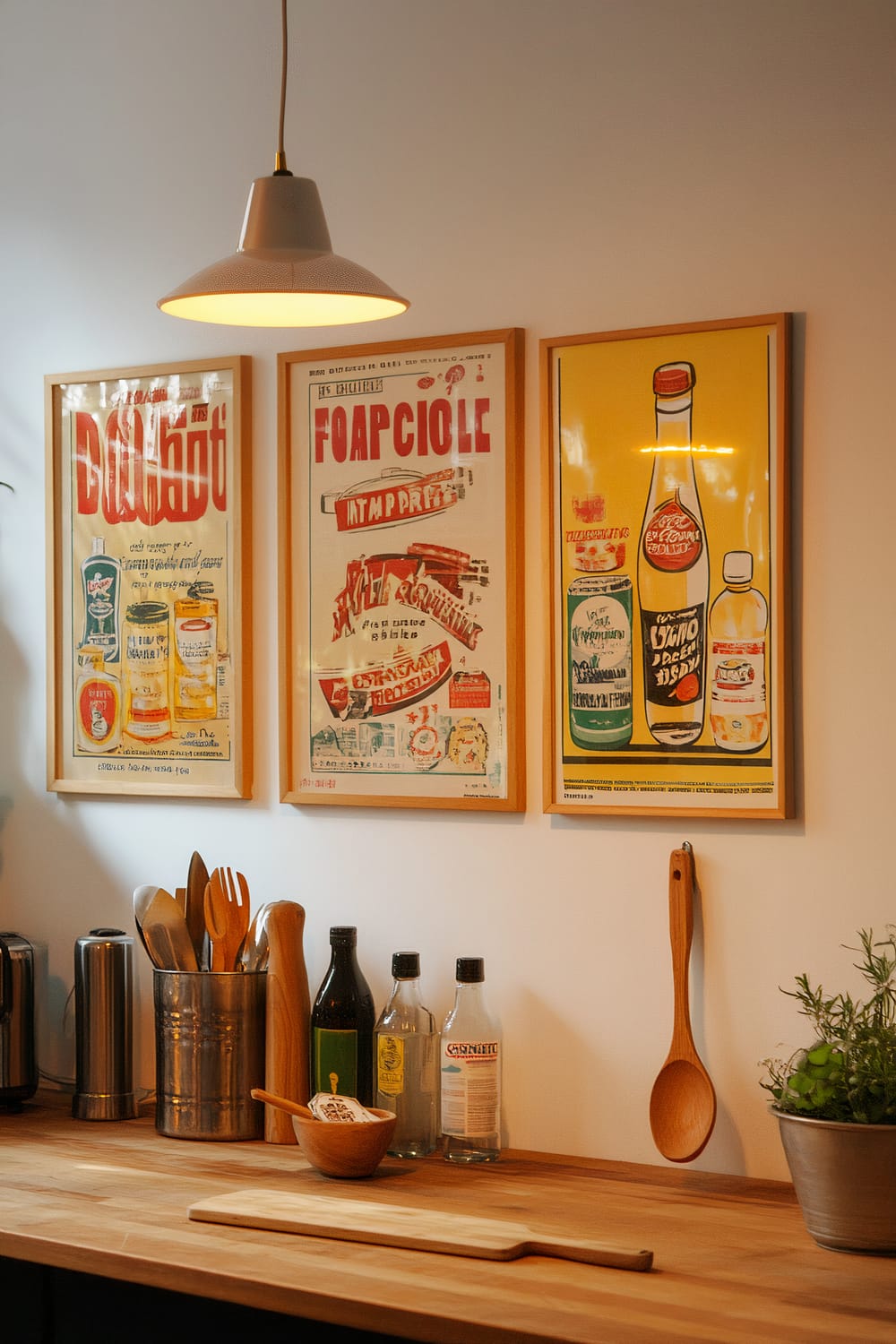 A retro kitchen wall features three framed vintage advertisements for household products, adorned with bright colors. Below the frames hangs a single decorative wooden spoon. The countertop area includes various kitchen utensils in a metal container, a small wooden bowl with a spoon, and bottles lined up against a white wall. A modern pendant light illuminates the scene.