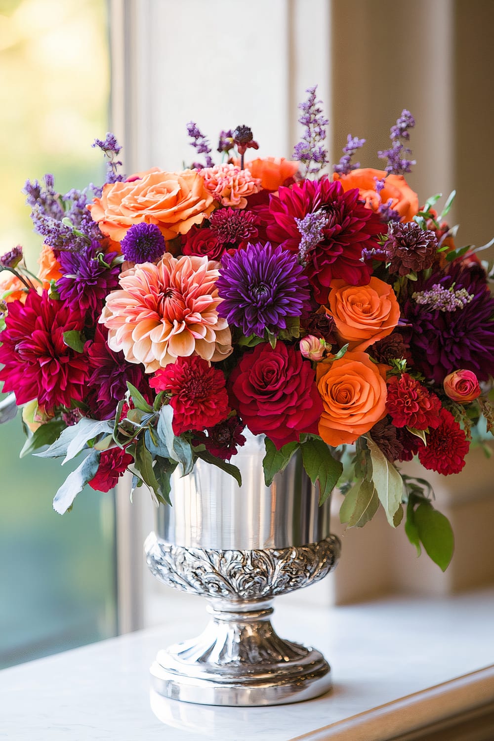 An ornate silver vase holds a vibrant floral arrangement featuring a variety of flowers in bold colors. The bouquet includes orange roses, dark red roses, deep purple and magenta chrysanthemums, lavender sprigs, and assorted foliage. The vase sits on a smooth, white surface near a window that allows natural light to illuminate the flowers.