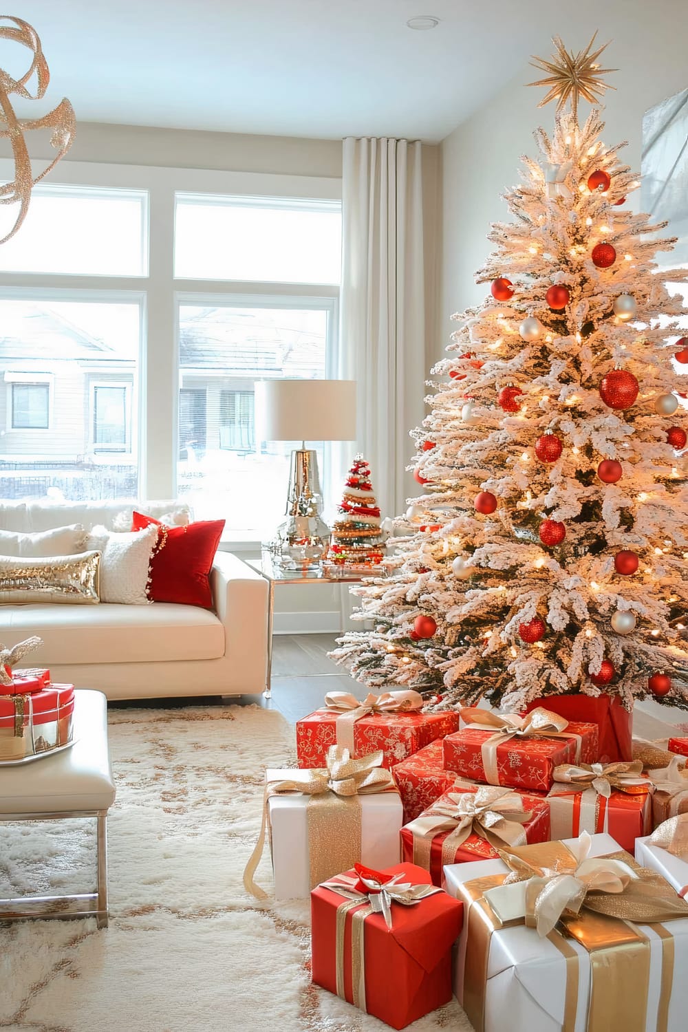 A festive living room exudes holiday charm with a beautifully decorated Christmas tree as the focal point. The tree is adorned with red and gold ornaments and is topped with a large gold star, with white faux snow sprinkled on its branches. At the base, numerous presents are wrapped in red and white paper with gold and silver ribbons. A modern white sofa with red and gold accent pillows sits adjacent to the tree, and underneath a plush white rug covers the floor. Large windows with white drapes allow natural light to flood the room, adding to the warm ambiance. A sleek side table next to the sofa holds a stylish silver lamp and a small decorative Christmas tree.